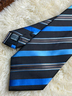St Bernard Mens Striped Necktie - Black & Electric Blue Diagonal Stripe Tie