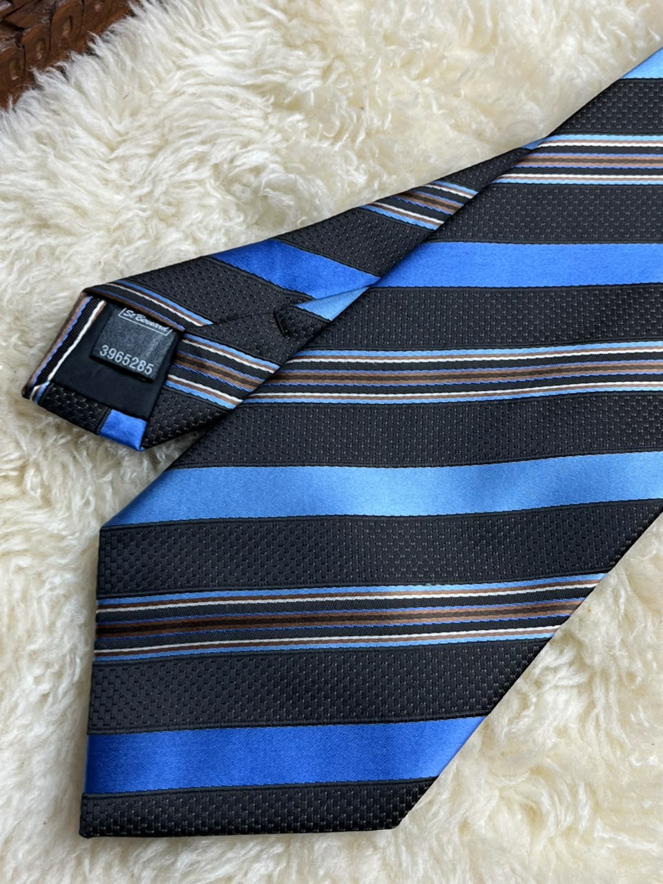 St Bernard Mens Striped Necktie - Black & Electric Blue Diagonal Stripe Tie