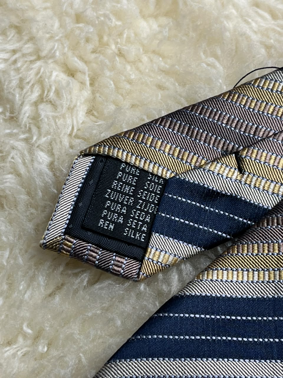 Roche 100% Pure Silk Striped - Navy Blue, Gold & Taupe Textured Tie