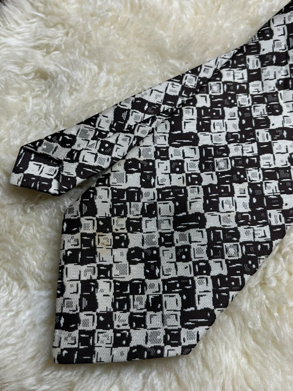 Madison Geometric Necktie - Black & White Mosaic Print Retro Tie