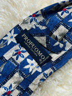 Profuomo Limited Edition Silk Mens Blue Floral Geometric Grid Patterned Tie