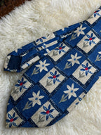 Profuomo Limited Edition Silk Mens Blue Floral Geometric Grid Patterned Tie