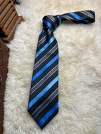 St Bernard Mens Striped Necktie - Black & Electric Blue Diagonal Stripe Tie