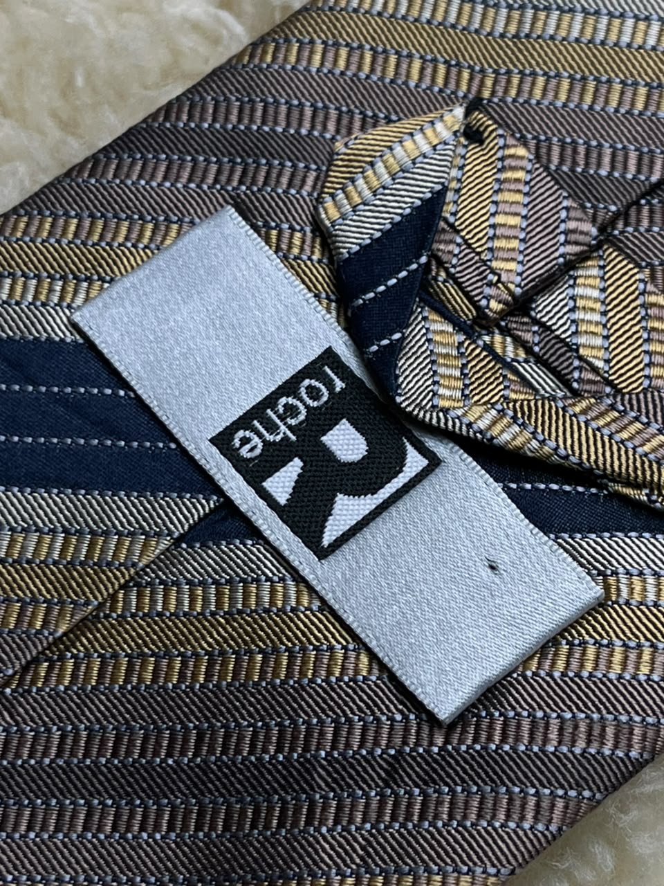 Roche 100% Pure Silk Striped - Navy Blue, Gold & Taupe Textured Tie