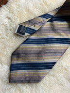 Roche 100% Pure Silk Striped - Navy Blue, Gold & Taupe Textured Tie