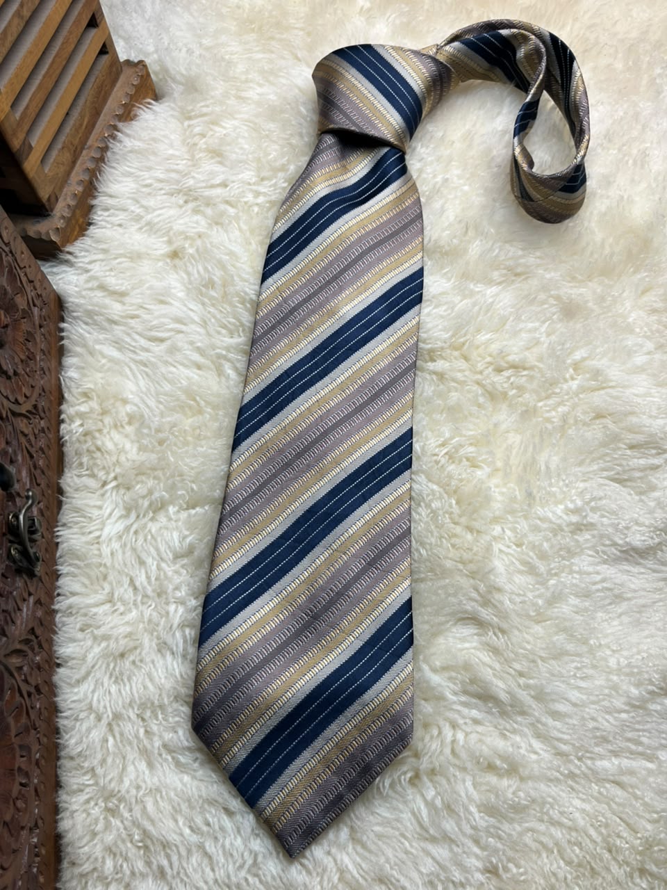 Roche 100% Pure Silk Striped - Navy Blue, Gold & Taupe Textured Tie