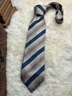Roche 100% Pure Silk Striped - Navy Blue, Gold & Taupe Textured Tie