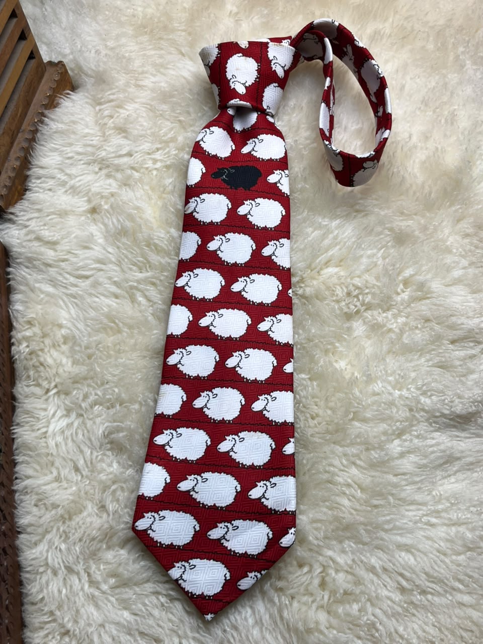 Red Silk  White Sheep Black Sheep Novelty Animal Print Handmade Necktie