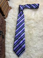 Mens Purple Striped Dark Navy Black Silver Diagonal Stripe Necktie