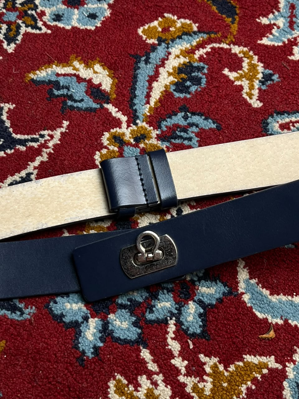 Womens Navy Blue Leather Belt Silver Turn Lock Kelly Lock Buckle
