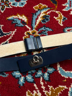 Womens Navy Blue Leather Belt Silver Turn Lock Kelly Lock Buckle