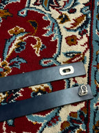 Womens Navy Blue Leather Belt Silver Turn Lock Kelly Lock Buckle