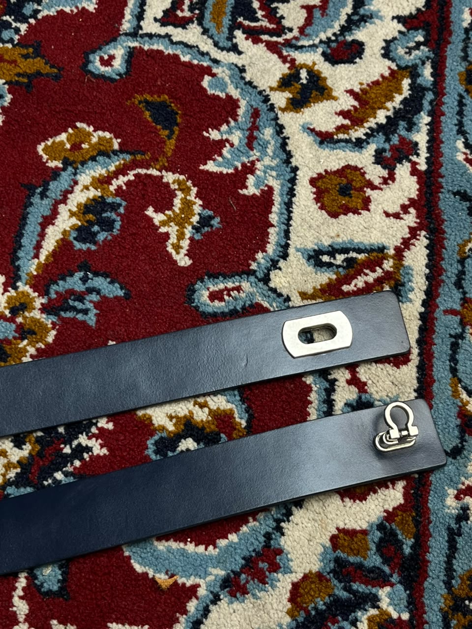 Womens Navy Blue Leather Belt Silver Turn Lock Kelly Lock Buckle