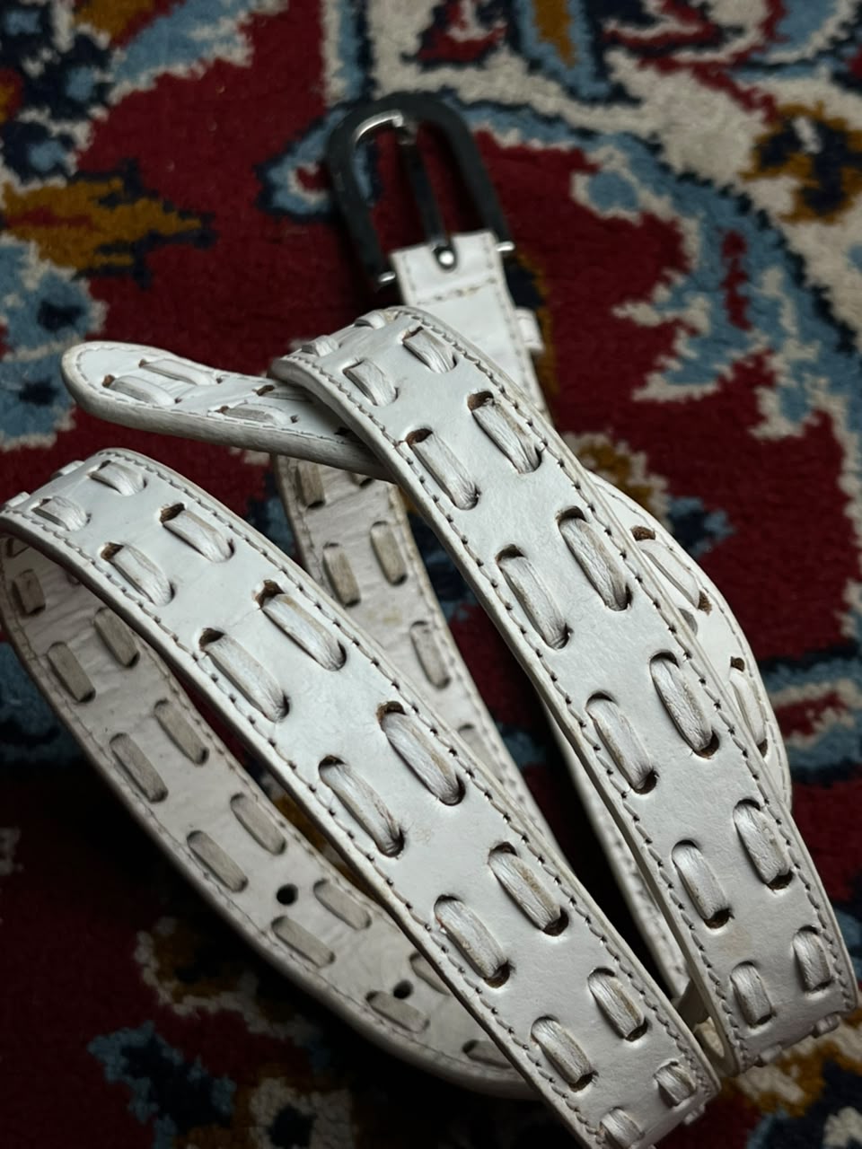 White Leather Belt Laced Whipstitch Design Silver Buckle