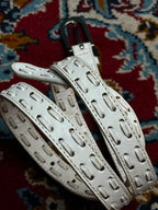 White Leather Belt Laced Whipstitch Design Silver Buckle