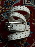 White Leather Belt Laced Whipstitch Design Silver Buckle