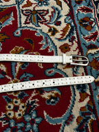White Leather Belt Laced Whipstitch Design Silver Buckle