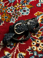 Dark Navy Blue black Braided Leather Belt Woven Silver Buckle