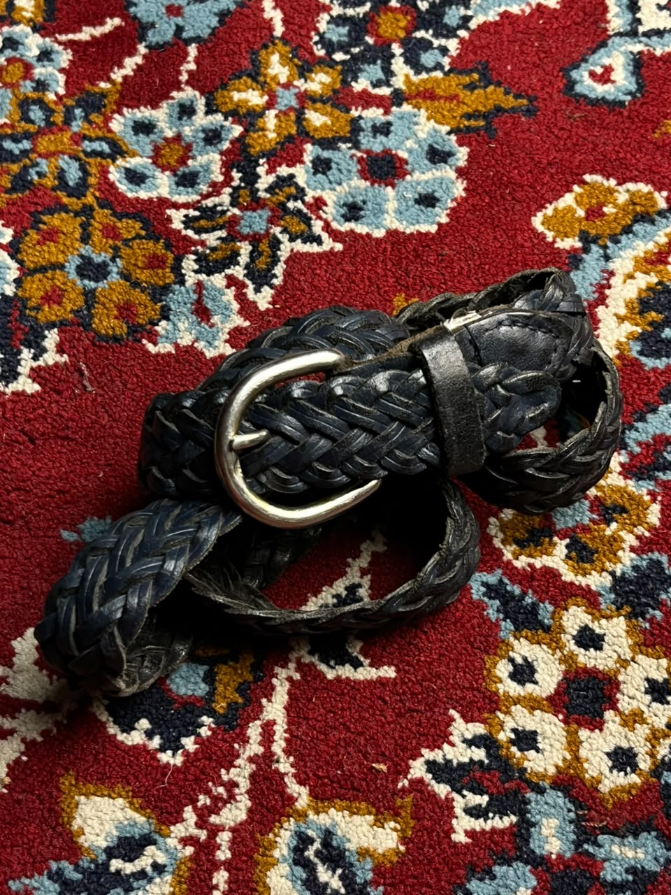 Dark Navy Blue black Braided Leather Belt Woven Silver Buckle