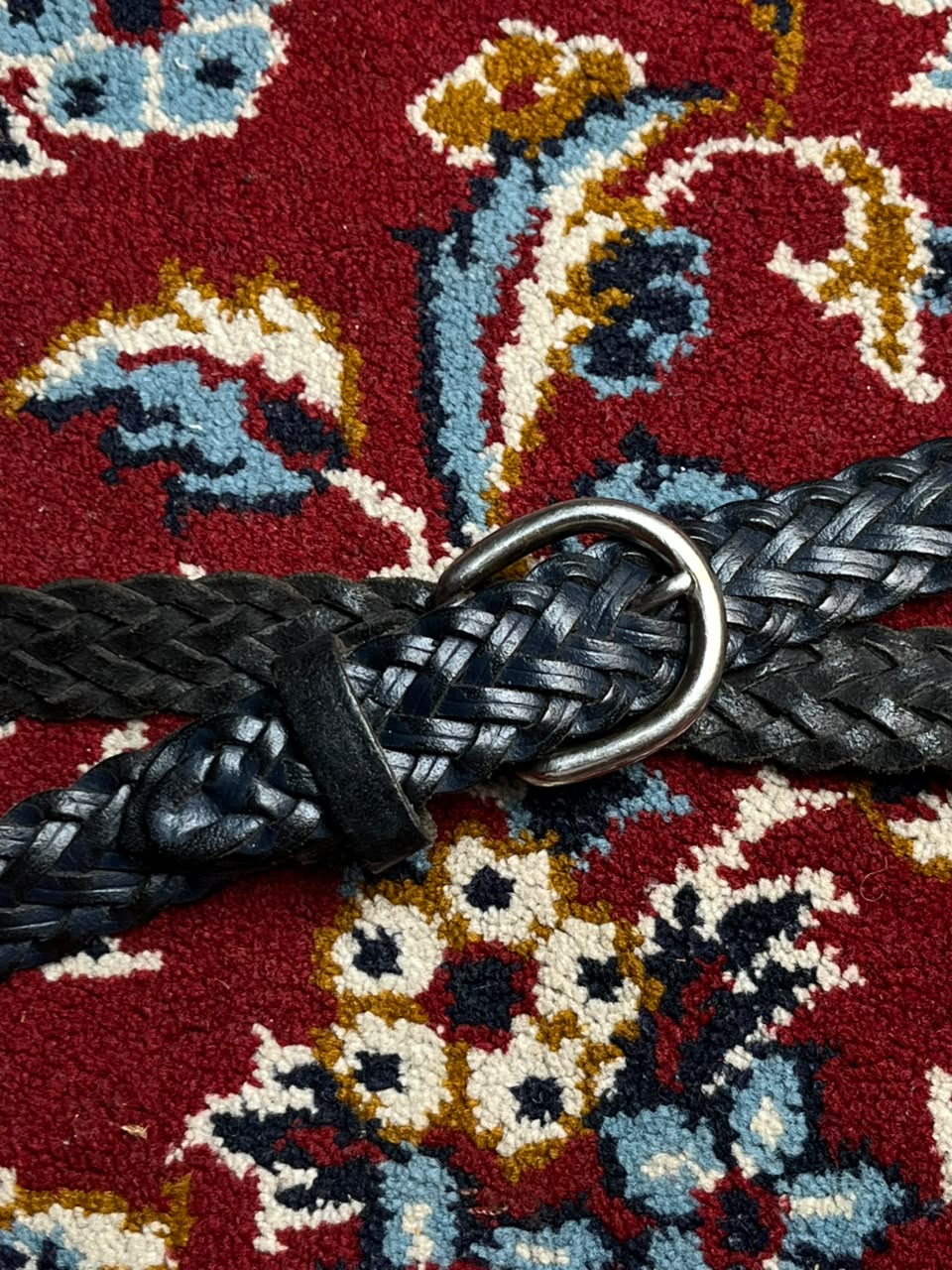 Dark Navy Blue black Braided Leather Belt Woven Silver Buckle