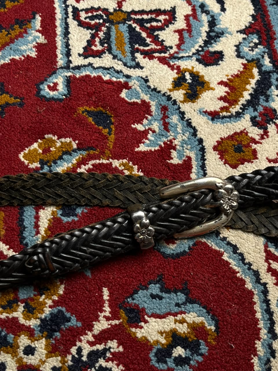 Black Braided Leather Belt Silver Floral Flower Buckle Loop Set