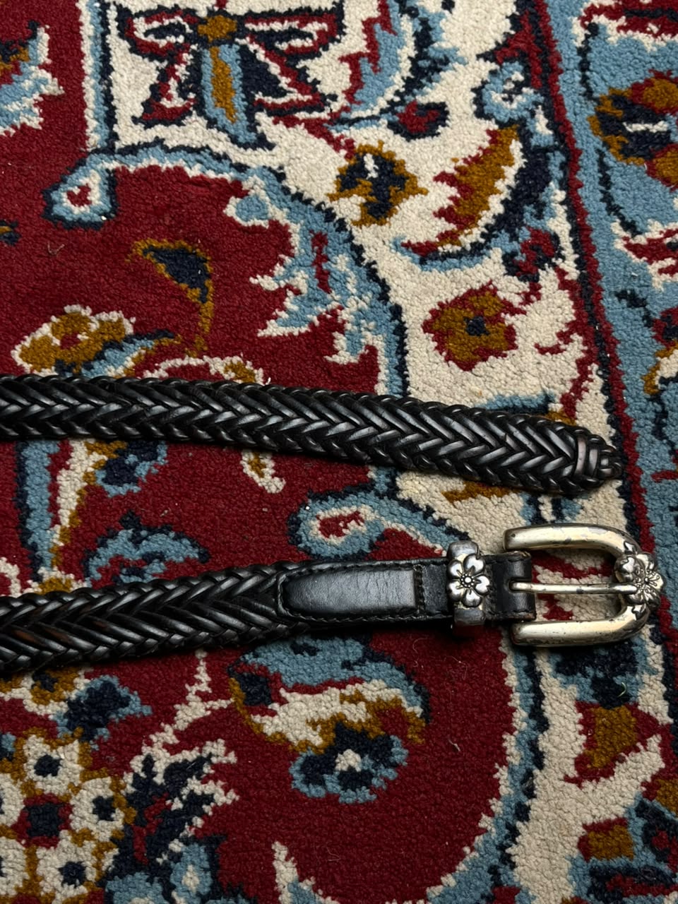 Black Braided Leather Belt Silver Floral Flower Buckle Loop Set