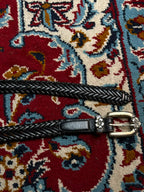 Black Braided Leather Belt Silver Floral Flower Buckle Loop Set