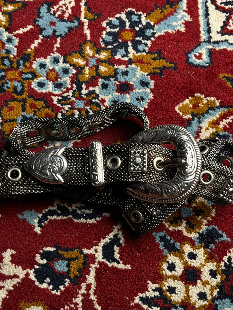 Streets of USA Vintage Silver Metal Mesh Grommet Western Belt Engraved Buckle Set