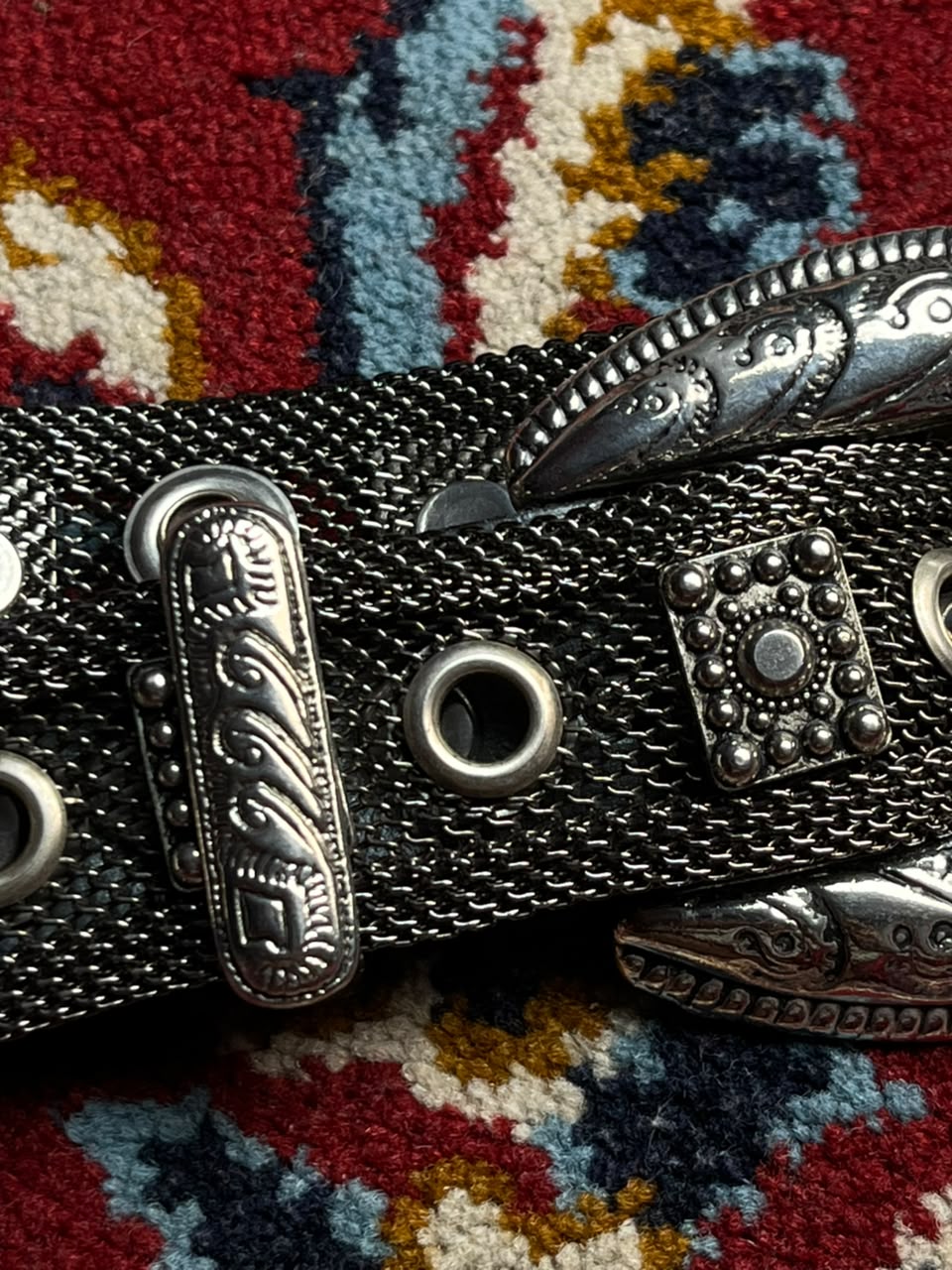 Streets of USA Vintage Silver Metal Mesh Grommet Western Belt Engraved Buckle Set