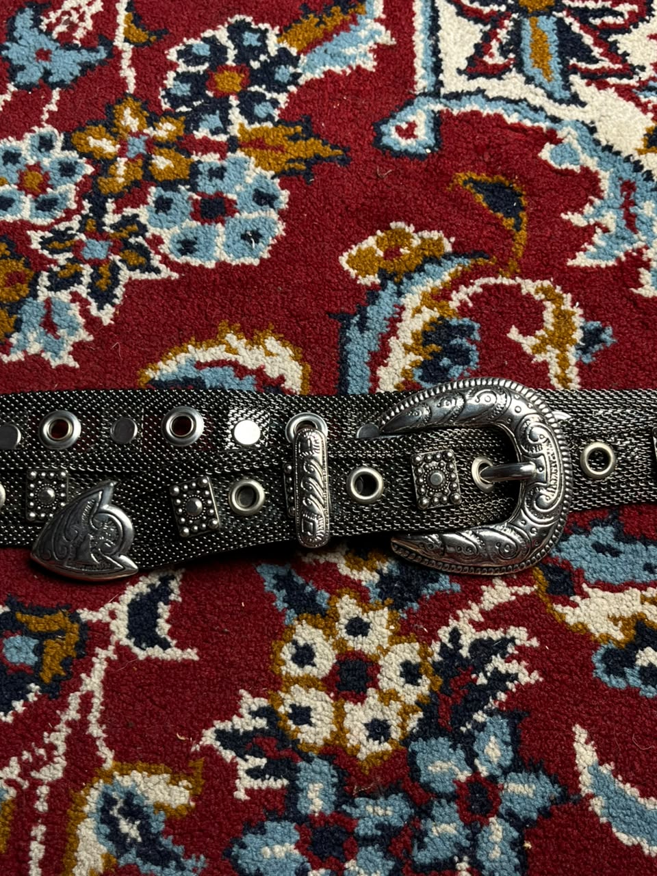Streets of USA Vintage Silver Metal Mesh Grommet Western Belt Engraved Buckle Set