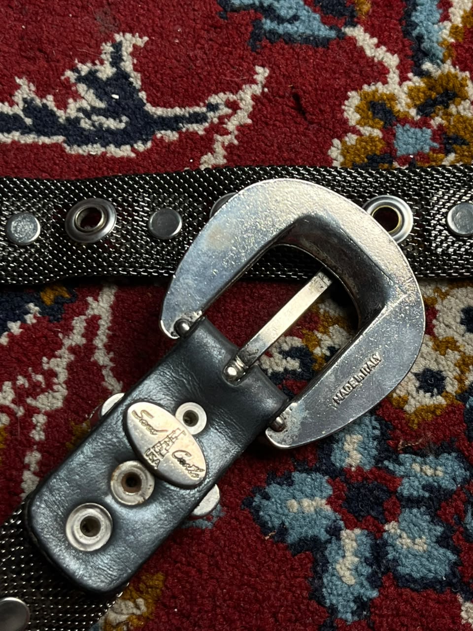 Streets of USA Vintage Silver Metal Mesh Grommet Western Belt Engraved Buckle Set