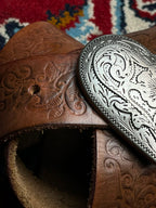 Western Floral Embossed Silver Engraved Heart Buckle Leather Belt