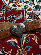 Western Floral Embossed Silver Engraved Heart Buckle Leather Belt