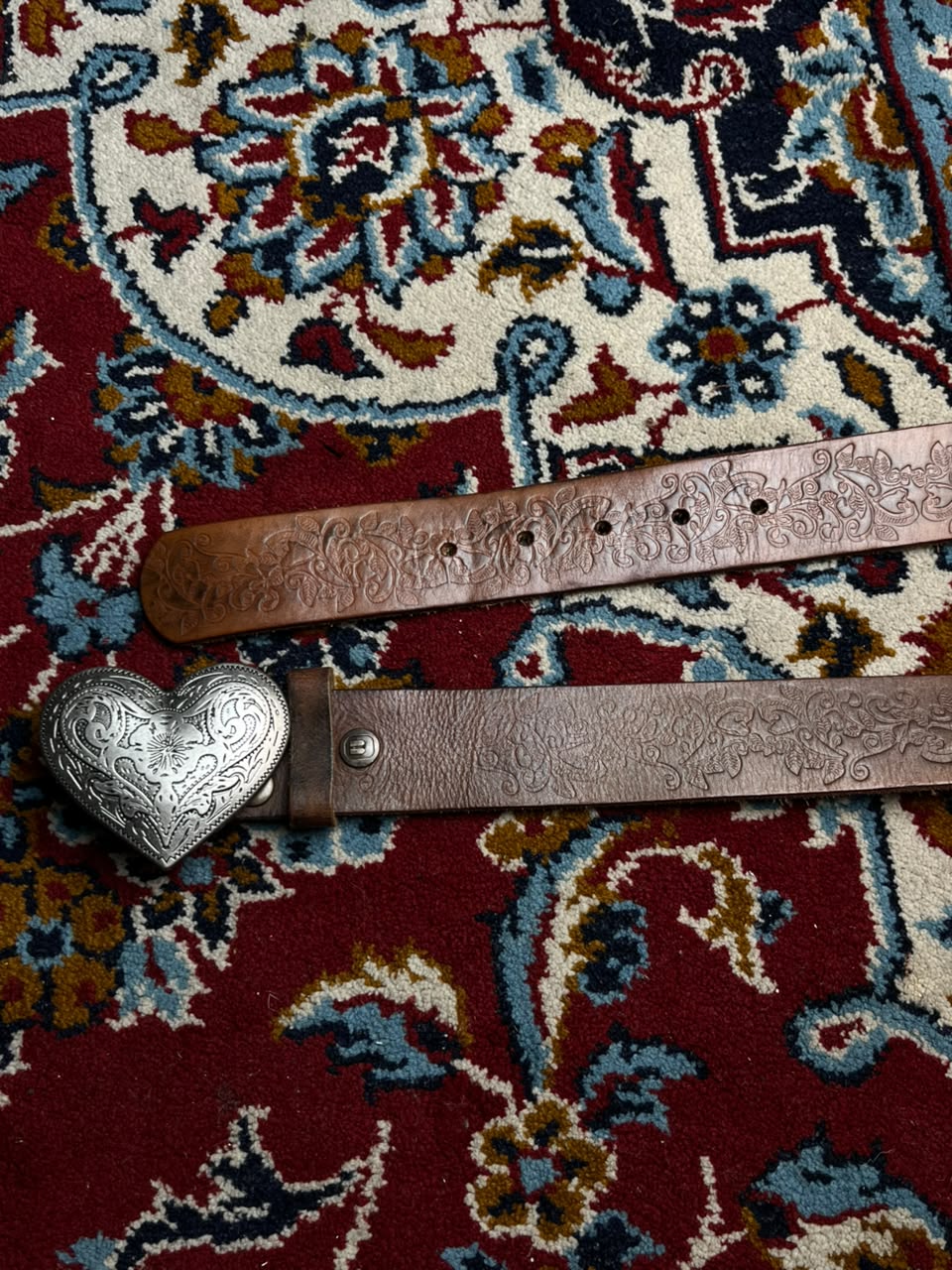 Western Floral Embossed Silver Engraved Heart Buckle Leather Belt