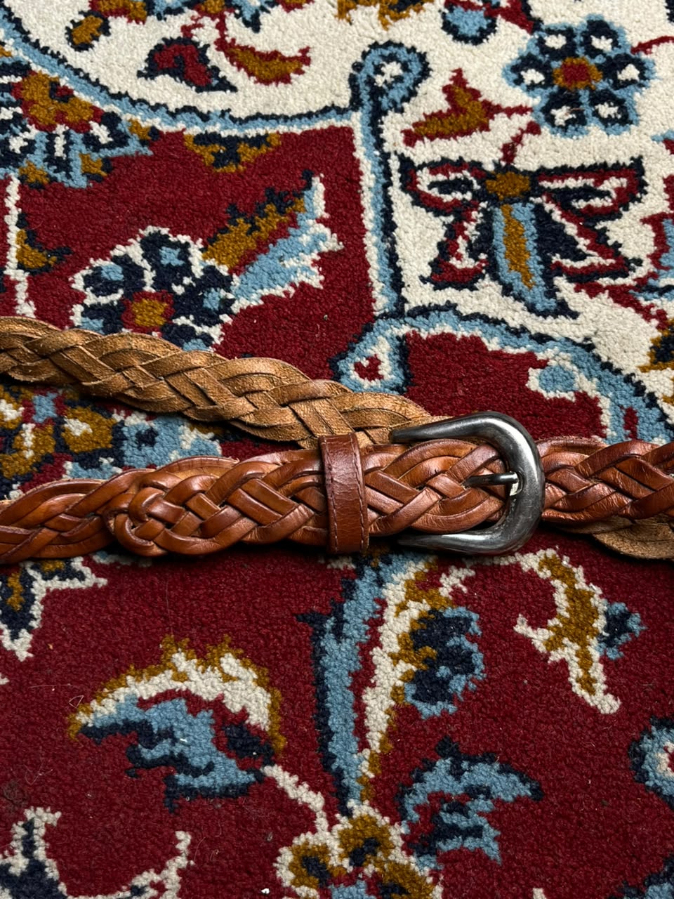 Express Cognac Brown Braided Woven Leather Belt Silver Buckle