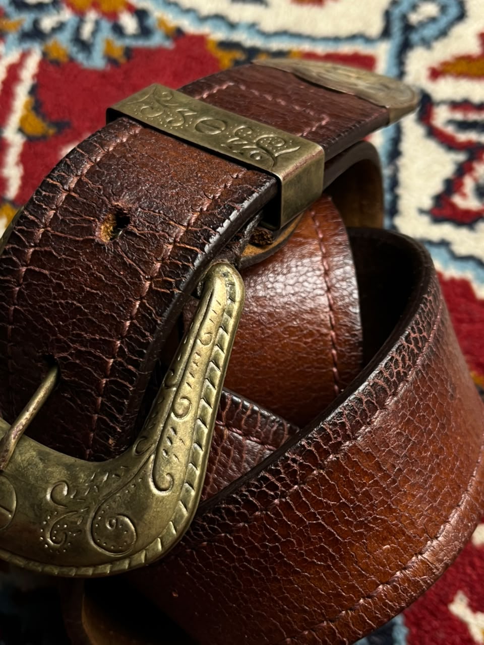 Western Leather Belt Brown Crackled Distressed 3 Piece Brass Buckle