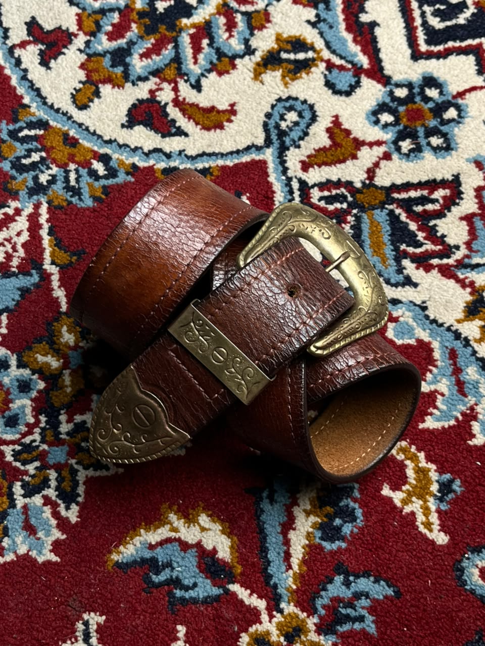 Western Leather Belt Brown Crackled Distressed 3 Piece Brass Buckle
