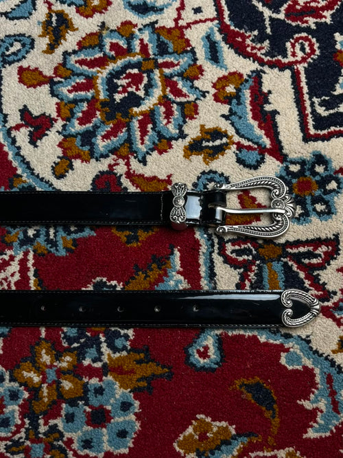Anne Klein for Oroton Black Patent Leather Western Belt Silver Engraved Buckle