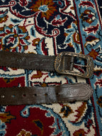 Express Wide Leather Belt Brown Floral Embossed Scalloped Bronze Buckle