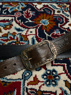 Express Wide Leather Belt Brown Floral Embossed Scalloped Bronze Buckle