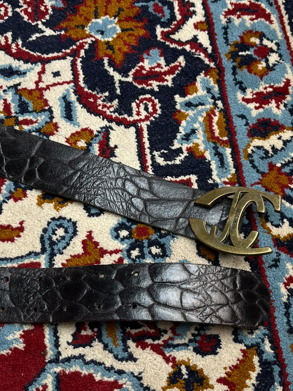 Just Cavalli Roberto Black Crocodile Embossed Leather Belt Brass JC Buckle