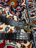 Just Cavalli Roberto Black Crocodile Embossed Leather Belt Brass JC Buckle