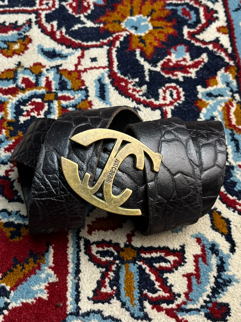Just Cavalli Roberto Black Crocodile Embossed Leather Belt Brass JC Buckle