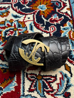 Just Cavalli Roberto Black Crocodile Embossed Leather Belt Brass JC Buckle