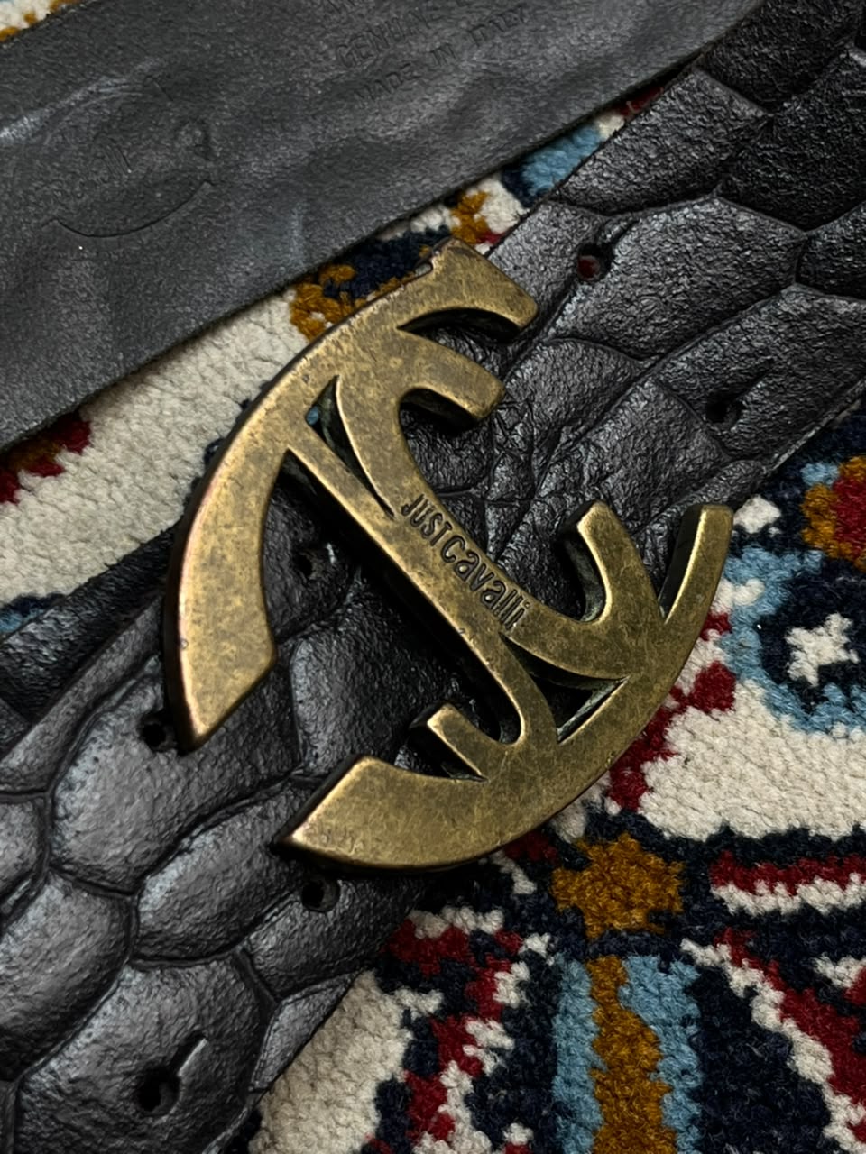 Just Cavalli Roberto Black Crocodile Embossed Leather Belt Brass JC Buckle