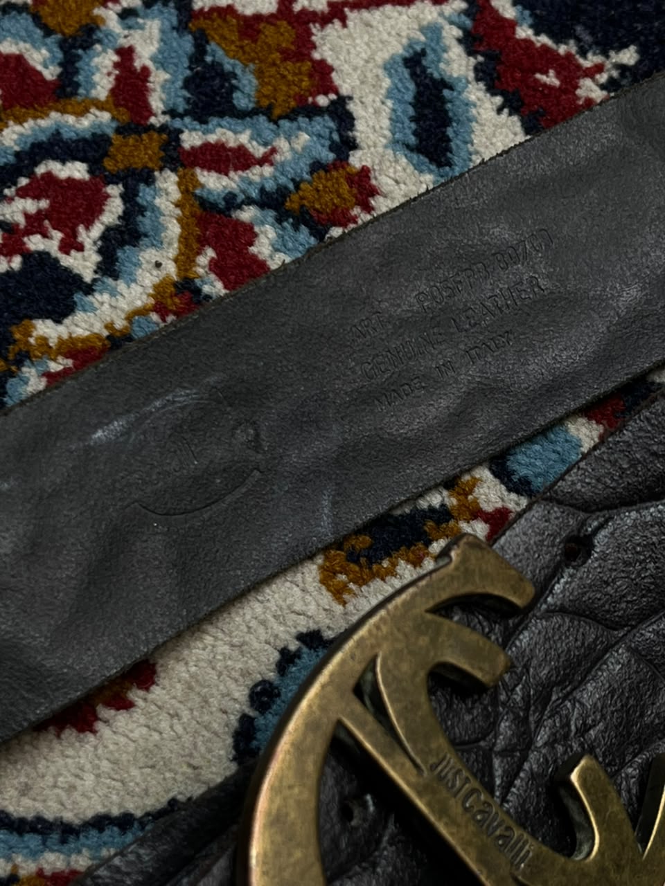 Just Cavalli Roberto Black Crocodile Embossed Leather Belt Brass JC Buckle