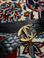 Just Cavalli Roberto Black Crocodile Embossed Leather Belt Brass JC Buckle