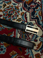 Gucci Black Leather Belt Silver Logo Plaque Buckle