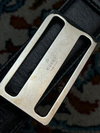 Gucci Black Leather Belt Silver Logo Plaque Buckle