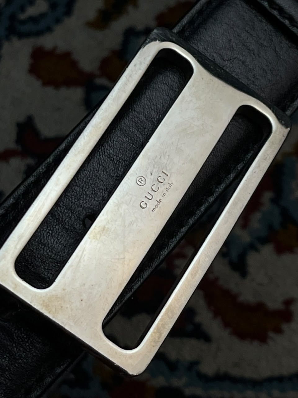 Gucci Black Leather Belt Silver Logo Plaque Buckle